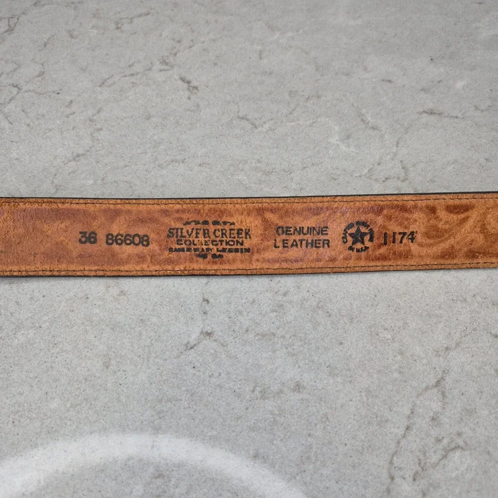 Silver Creek Belt Tooled Leather Eagle Tip 36 Brown Mens